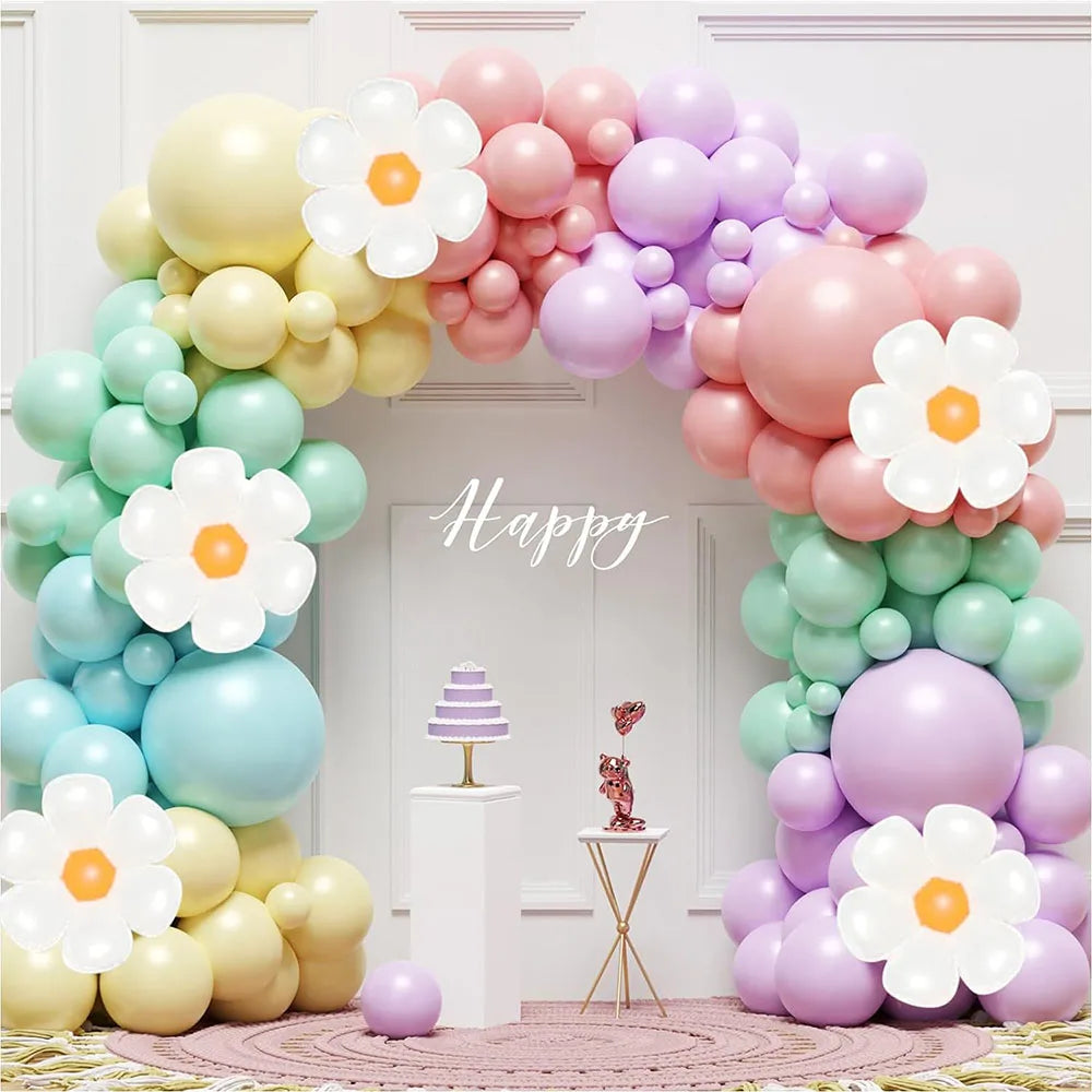 Daisy Balloon Garland Arch Set 136 Pieces White Fashionable Flowers Macaron Pink Yellow Blue Purple Balloon Birthday Daisy Theme Wedding Two Fashionable Bohemian Party Decoration