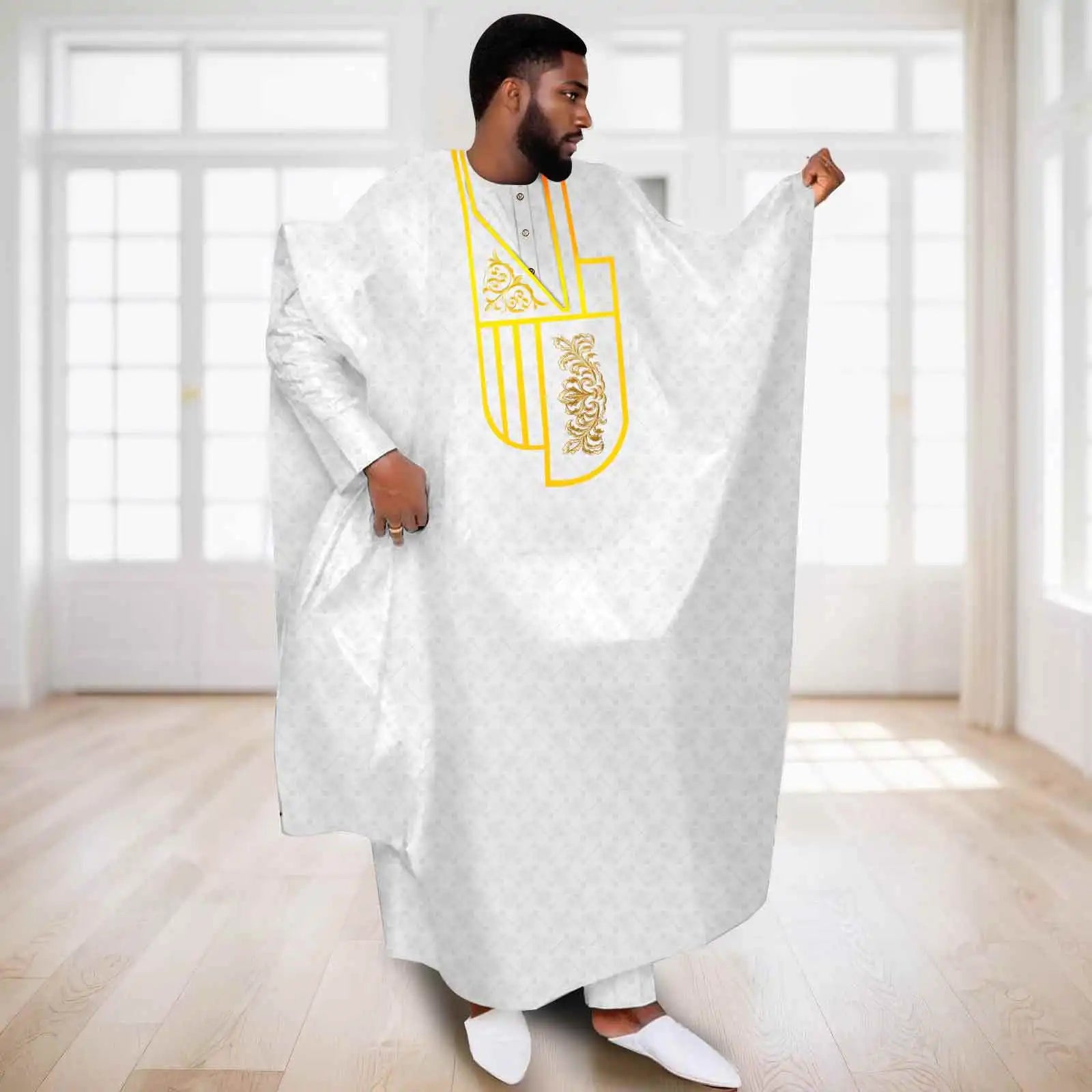 APTX African Clothes for Men Muslim Robe White Traditional Wedding Party Suit Shirt Pants 3 Pcs Set Dashiki Agbada Ramadan