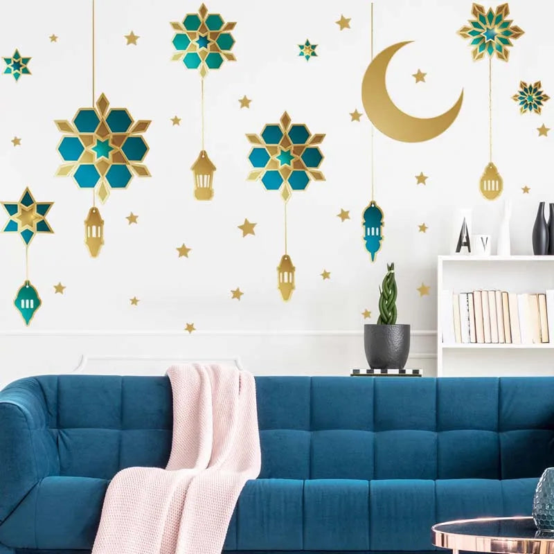 Ramadan Kareem Wall Stickers Moon Star Lantern Wall Decal 2024 Eid Mubarak Decorations for Home Muslim Islamic Party Decorations