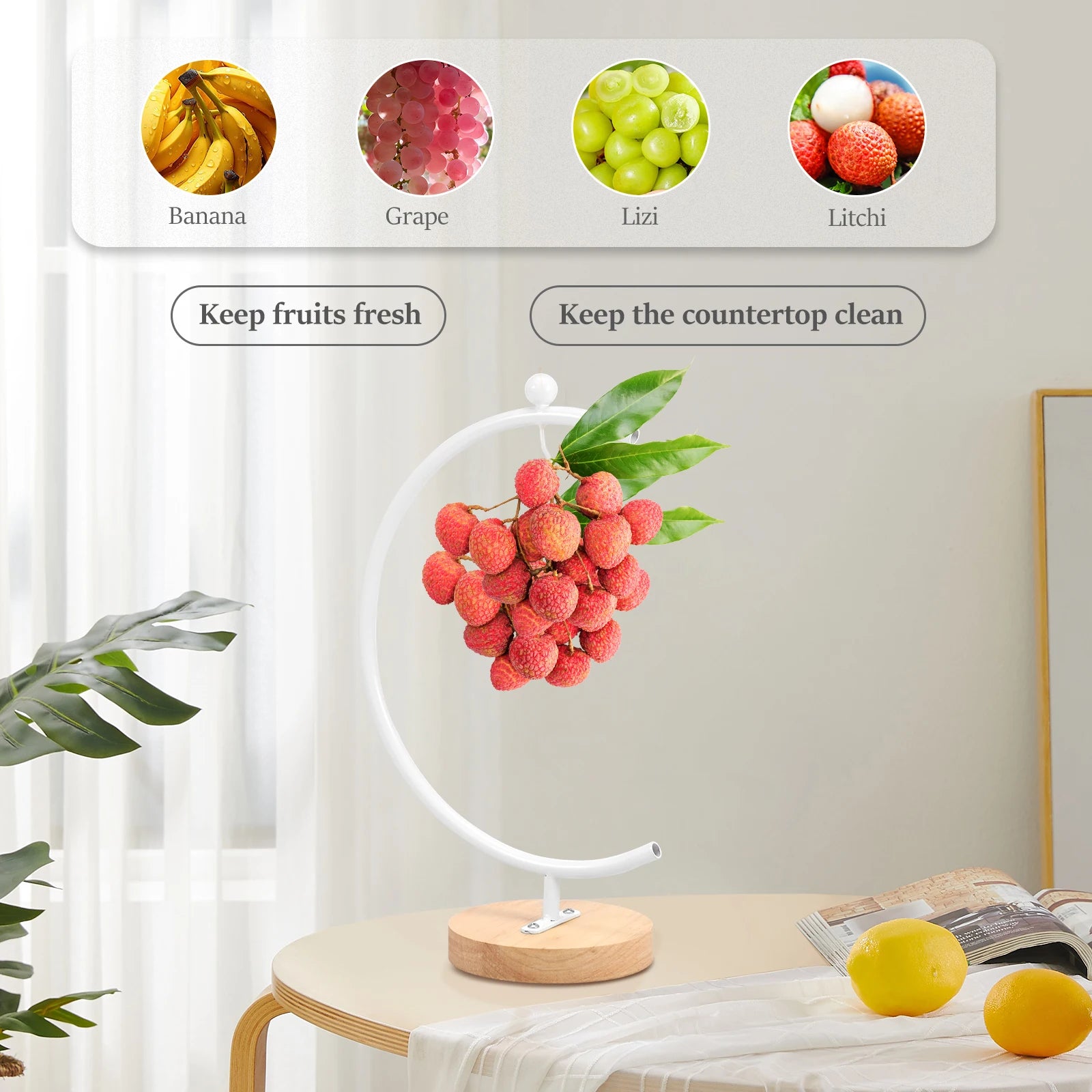 Banana Holder Stand Moon Shape Banana Hanger Rack Metal Fruit Hanger with Wood Base Stable Banana Hanger Stand Decorative