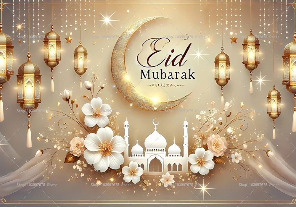2D Ramadan Golden Crescent Moon Backdrops Eid Mubarak Party Decor Photography Background Banner Studio Photo Booth Props