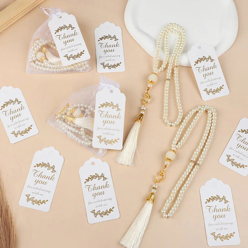 15/30Pcs EID Mubarak Glass Pearls Tassel with Bags and Paper Tag Muslim Islam Prayer Beads Bracelet Hanging Ornament Party Gifts
