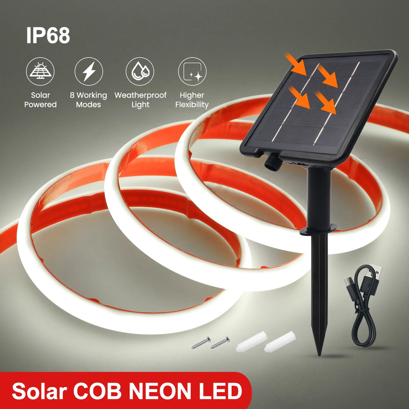 IP68 Waterproof Solar Powered COB Neon Strip 24V 320Leds 3000K 4000K 6000K Red/Green/Blue/Yellow Flexible Ribbon Rope LED Light