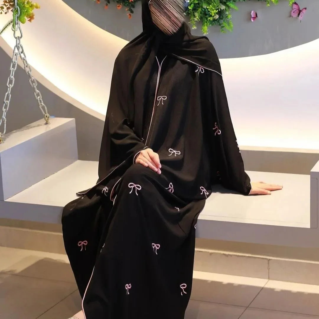 Arab Women Front Open Cardigan Scarf Burqa Islamic Bow Embroidery Robe Abaya Muslim Robe Ladies Loose Kaftan Clothing