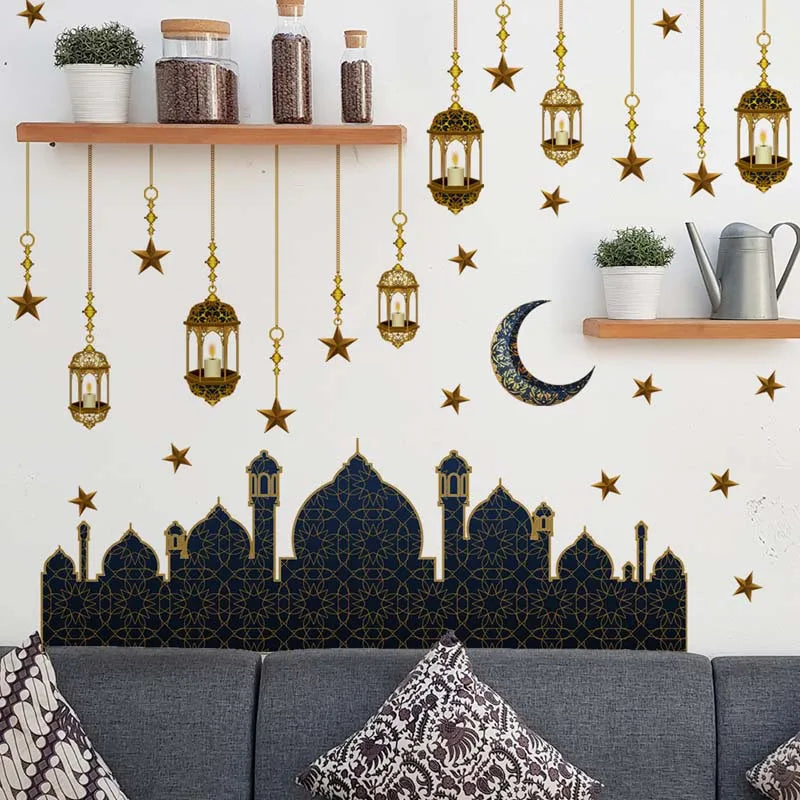 Ramadan Kareem Wall Stickers Moon Star Lantern Wall Decal 2024 Eid Mubarak Decorations for Home Muslim Islamic Party Decorations