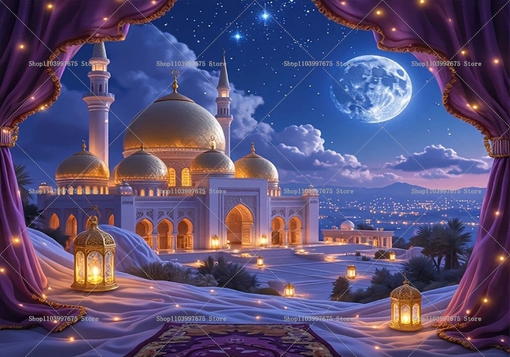2D Arabian Starry Nights Islamic Palace Party Backdrops Eid Party Decorations Photography Background Banner Photo Booth Props