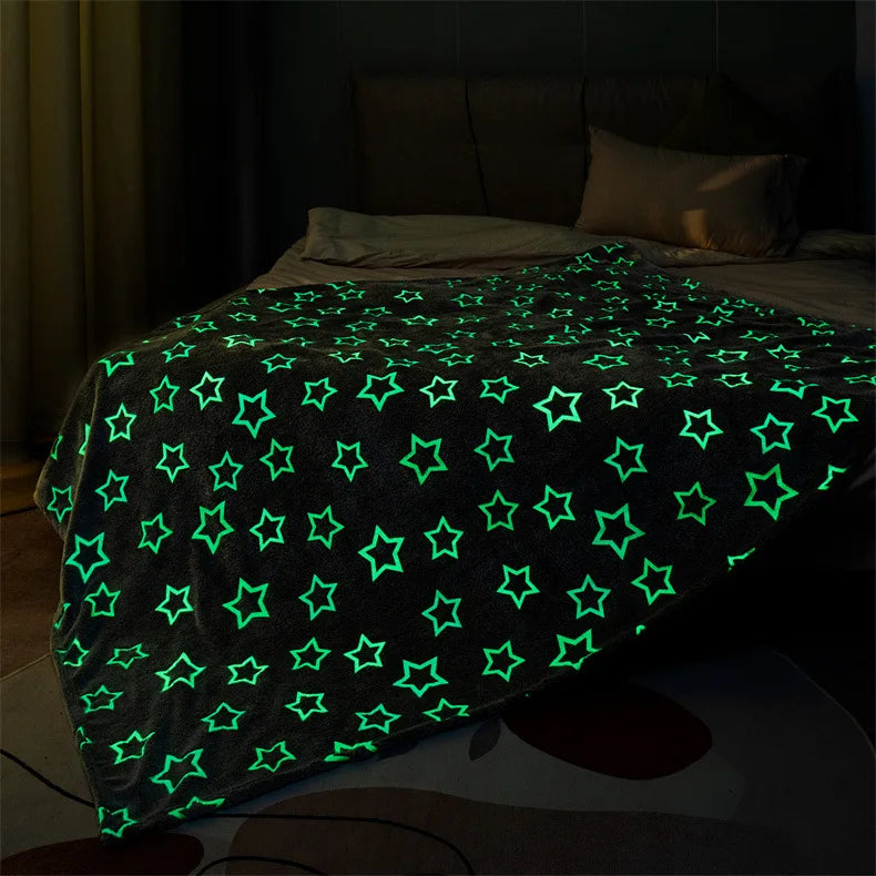 Magical Luminous Flannel Throw Blankets Night Fluorescent Fluffy Kids Blanket Star Moon Warm Sofa Bedspread Nap Leisure Covering