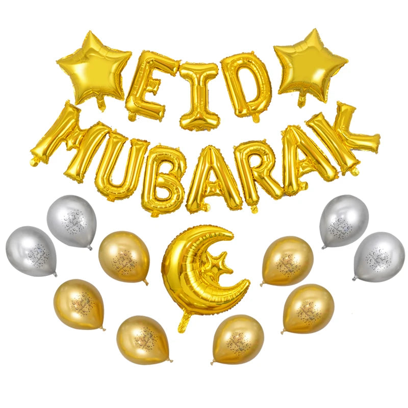 27pcs Eid Mubarak Balloons Decoration 2025 Muslim Hajj Decor Ramadan Kareem Festival Banner Star Moon Foil Balloon