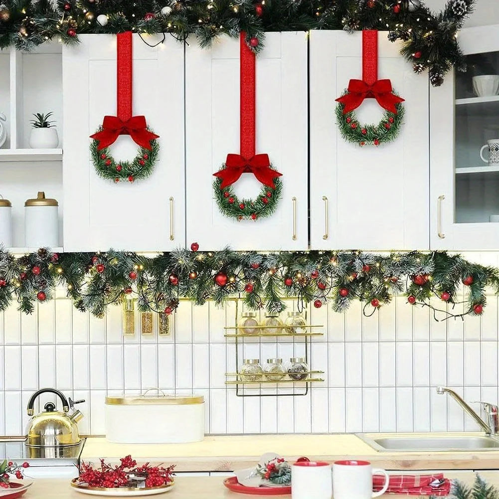 1pcs Christmas Kitchen Cabinet Wreaths with Ribbon Red Berry Mini Wreaths for Christmas Party Window Door Plastic Classic Wreath