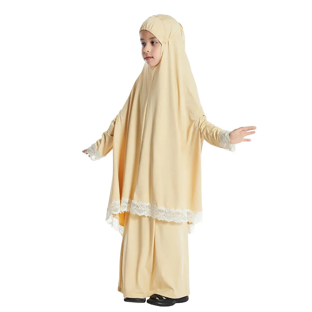 Muslim Kids Girls Hijab Dress Ramadan Khimar Skirt Set Overhead Eid Prayer Garment Burqa Abaya Robe Kaftan Hooded Gown