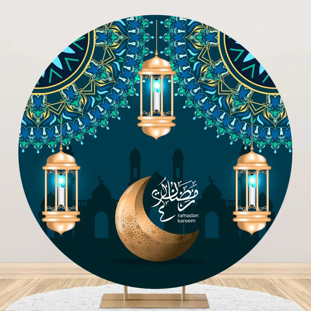 Eid al Fitr Mubarak Round Backdrop Cover Arab Ramadan Karim Golden Moon Star Cloud Lantern Party Decor Banner Photo Stall Props