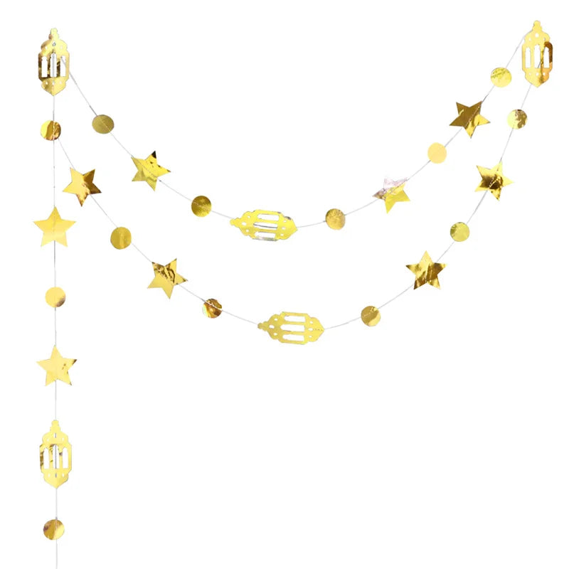 Gold Eid Mubarak Ramadan Decor Paper Star Moon Circle Dot Crescent Lamp Garland for Home Muslim Party Backdrop Banner Decoration