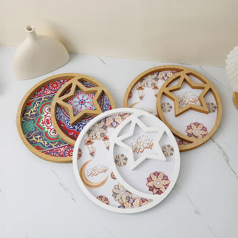 1pc EID Mubarak Wooden Ornaments Decor Star And Moon Tray Ramadan Decoration Home Islamic Muslim Party Decor Party Supply