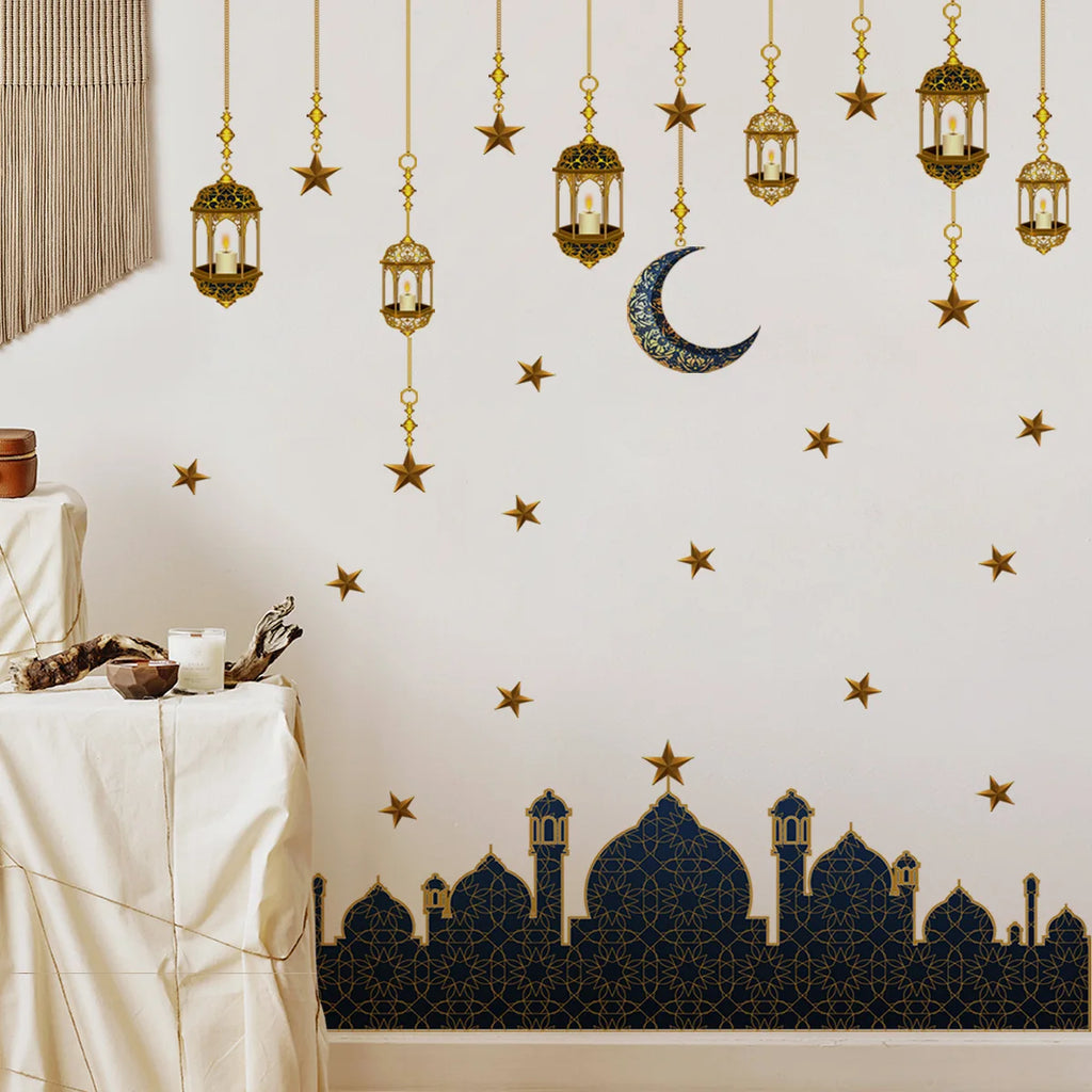 Ramadan Wall Decor Stickers Islamic Muslim Wall Decals Eid Mubarak Ramadan Lantern Moon Star Window Decor For Home Decorations