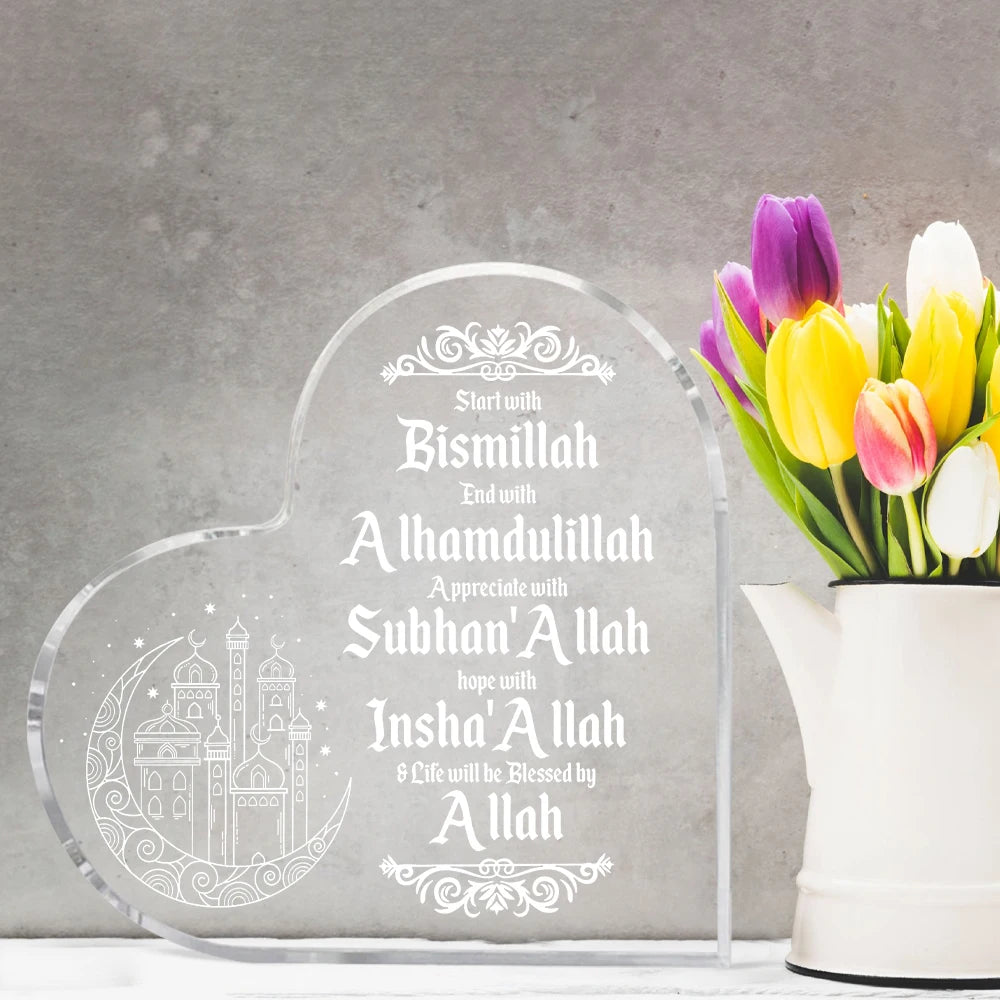 1pc Islamic Acrylic Desktop Decor Ornament - Heart Shaped Elegant Eid Mubarak Logo With Arabic Ramadan Theme - Inspirational