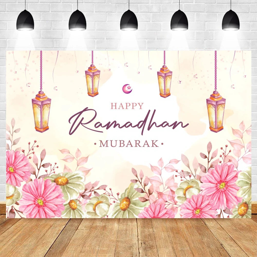 Ramadan Kareem Photography Backdrop EID Mubarak Islamic Mosque Lamps Moon Star White Cloud Photo Background Studio Poster Decor
