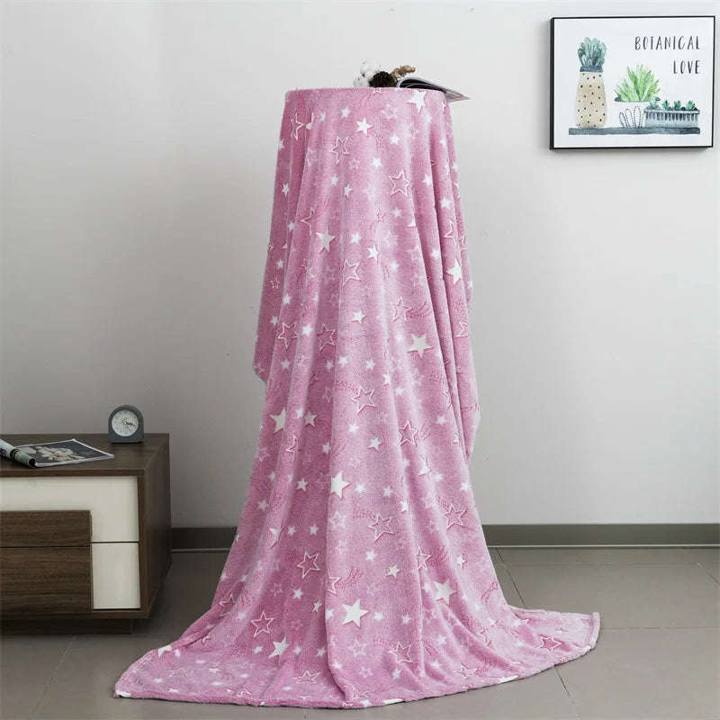 Magical Luminous Flannel Throw Blankets Night Fluorescent Fluffy Kids Blanket Star Moon Warm Sofa Bedspread Nap Leisure Covering