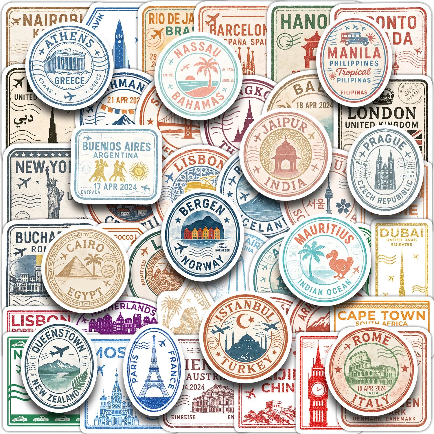 10/50PCS New Passport Stamp Graffiti Stickers Famous Buildings Travel City Cartoon Decal Laptop Phone Cup Car Classic Kid Toys