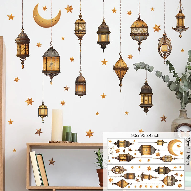 Eid Mubarak Wall Stickers Moon Star Lantern Ramadan Kareem Wall Decals Muslim Islamic Window Sticker Decorations for Home 2024