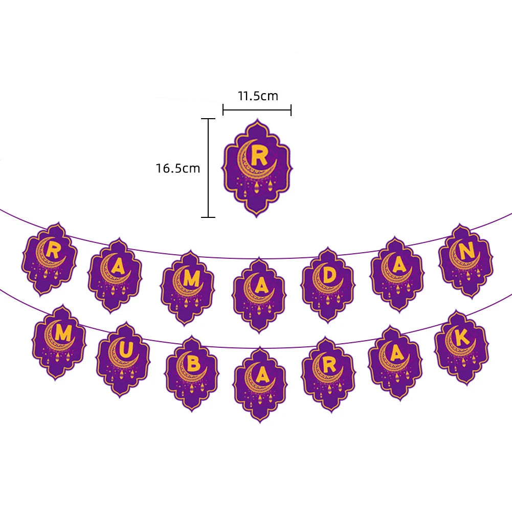 Ramadan Mubarak Banner Bunting Garland Eid Mubarak Lantern Moon Castle Sign Festival Celebration Wall Hanging Party Decorations