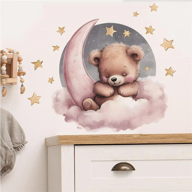 Self Adhesive Cartoon Star Good Night Little Bear On The Moon Wall Stickers For Children's Room Home Beautification Decoration