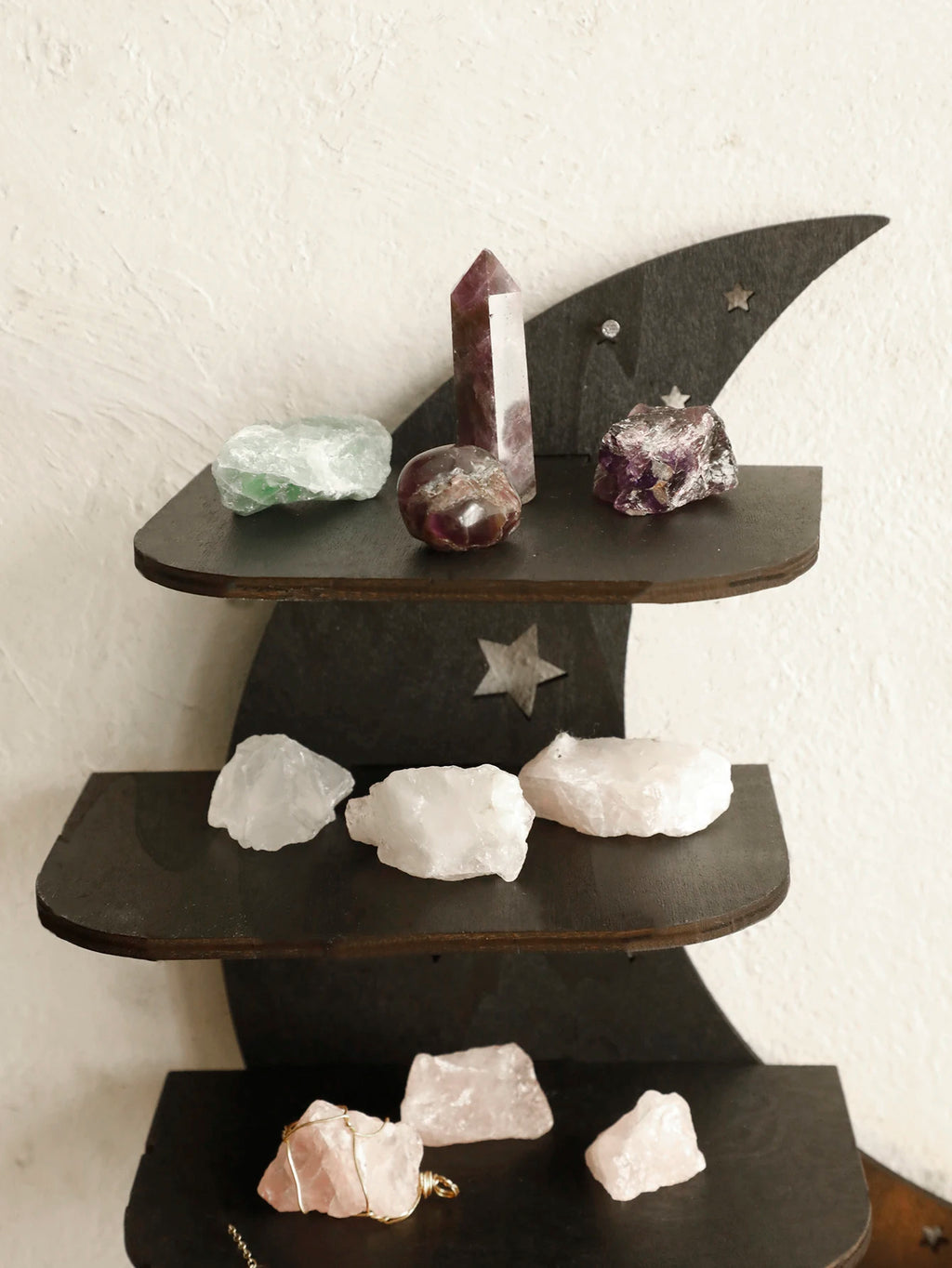 4-Tier Moon Wall Shelves 30cm Floating Wall Shelf Boho Country Rustic Shelf for Placing Crystal Stone Aromatherapy Essential Oil