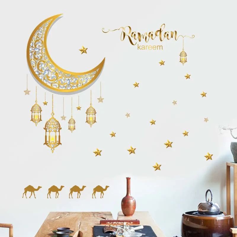 Ramadan Kareem Wall Stickers Moon Star Lantern Wall Decal 2024 Eid Mubarak Decorations for Home Muslim Islamic Party Decorations