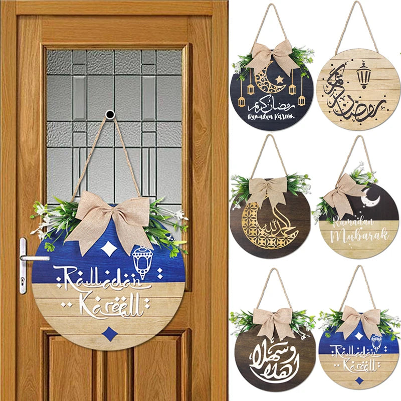 Elegant Ramadan Kareem Wreath Wooden Sign Eid Mubarak Door Hanger Plaque Wall Door Islam Eid Mubarak Muslim Home Window Decor