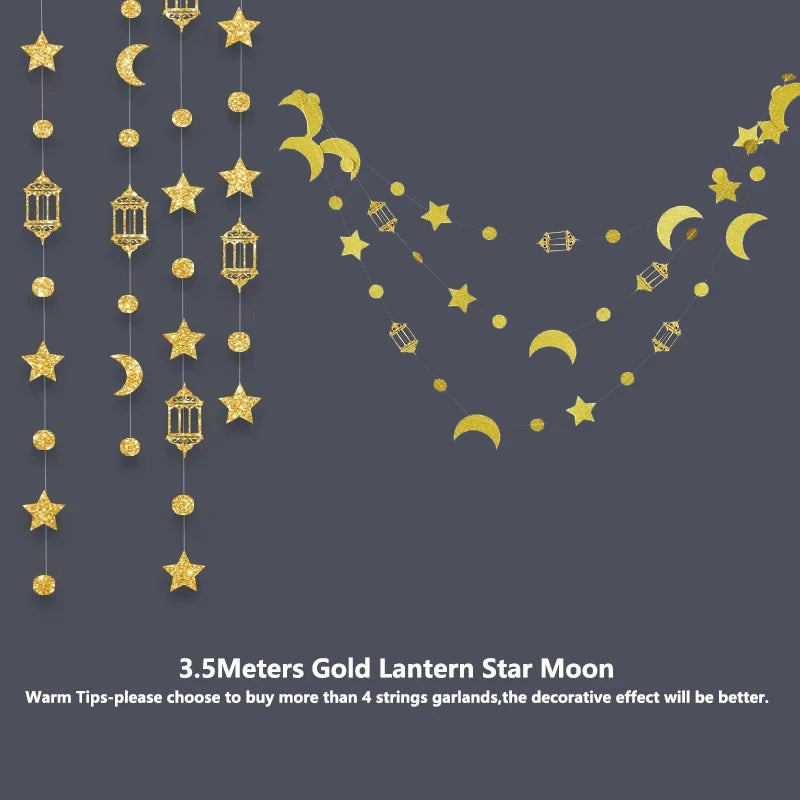 Gold Star Moon Circle Dot Crescent Lamp Eid Paper Garland Gold Mubarak Ramadan Streamer Backdrop Muslim Party Banner Decorations