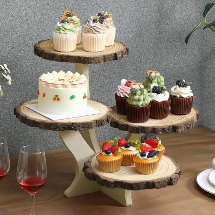 4 Tier Round Natural Wood Cupcake Dessert Stand Cup Cake Tower Stand Holder Wooden Cake Display Tiered Centerpiece for Party Bi