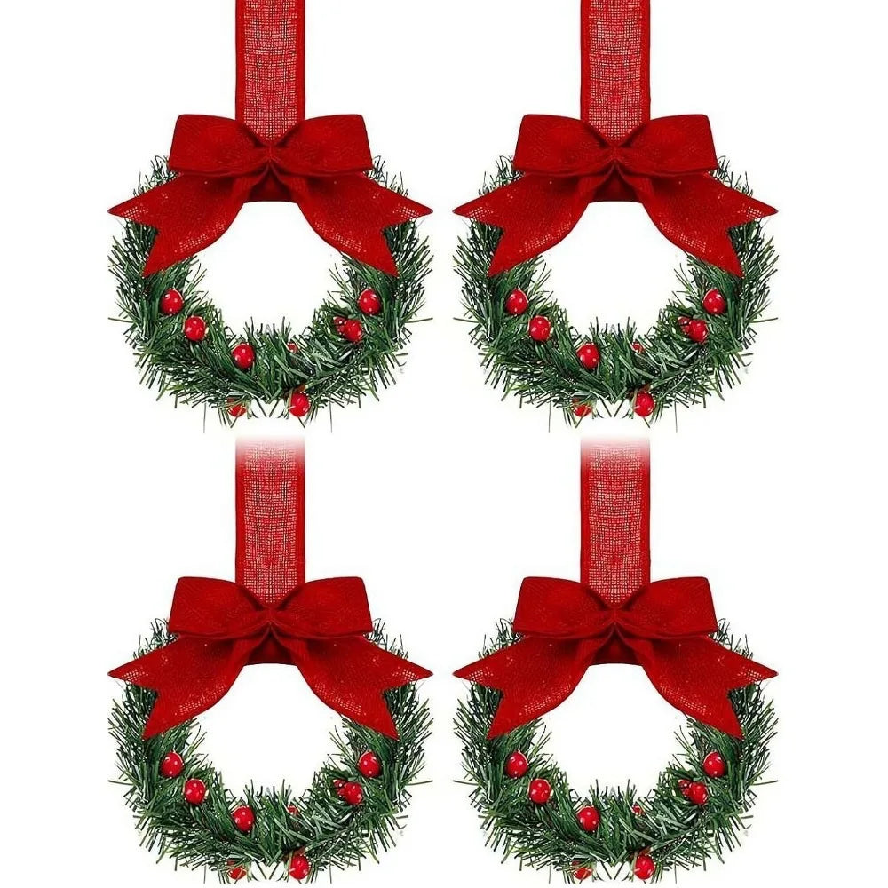 4pcs Christmas Mini Wreath Cabinet Window Hanging Decorations with Red Bow and Fruit for Party Decoration wreath door decoration
