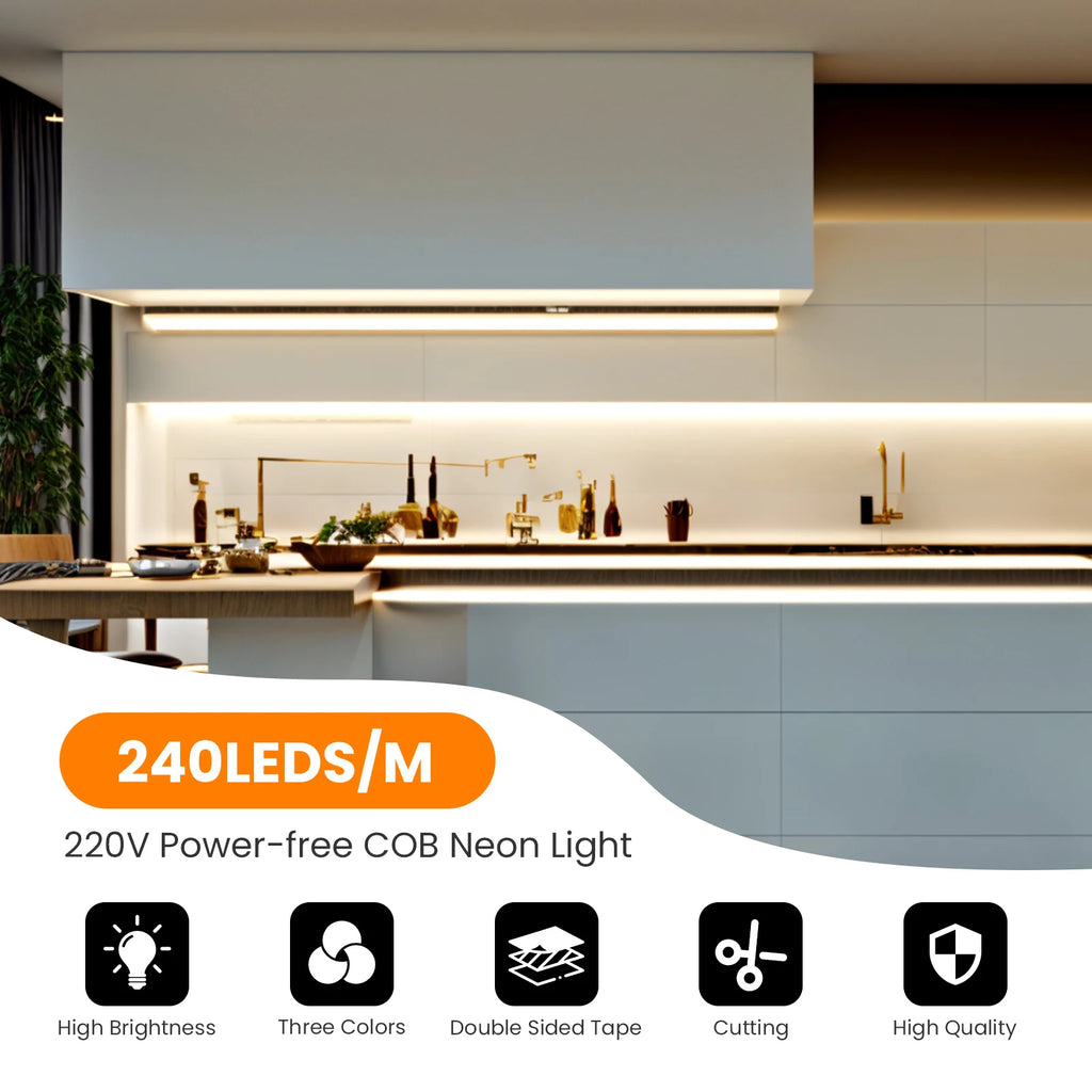 IP65 COB Self-adhesive Tape LED Neon Light Strips AC 230V RA90 Waterproof Outdoor Garden FOB Ribbon Lamp 2Pin Wire/EU Power Plug