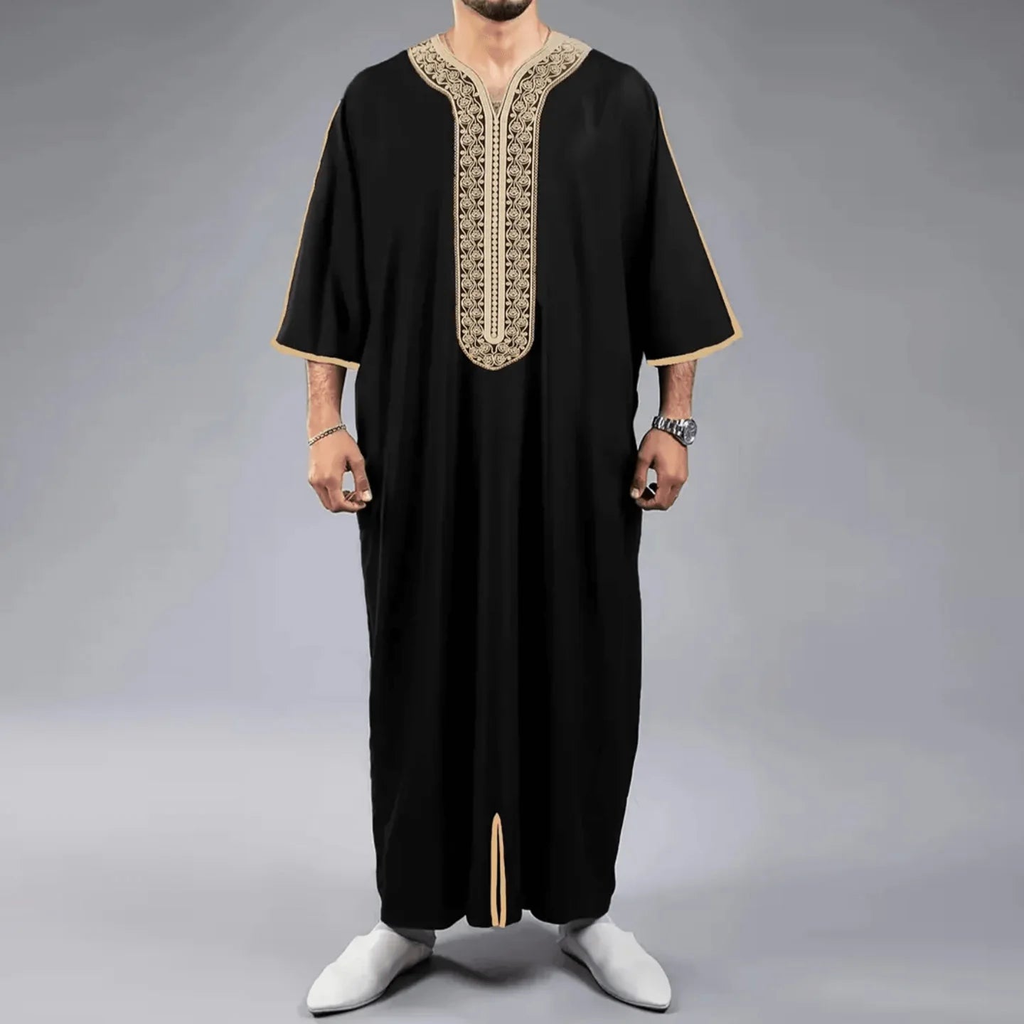 New Islamic Muslim Men's Thobe Long-Sleeved Classic Embroidery Robe Arabic Ethnic Style Men's Casual Formal Robe Prayer Dress