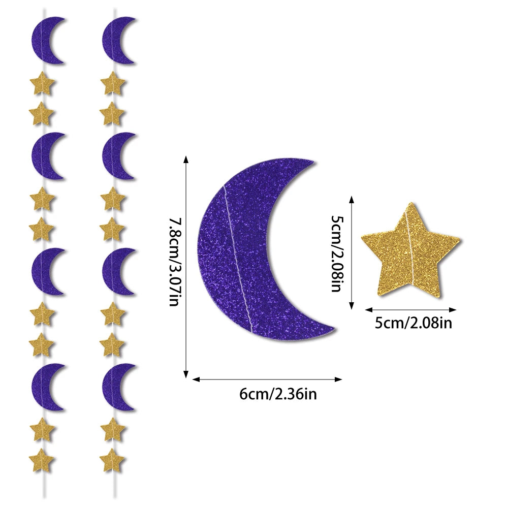 Glitter Gold Star Moon Banner Ramadan Paper Garland Hanging Decoration Ramadan Kareem Eid-al-fitr Islamic Eid Mubarak Decoration
