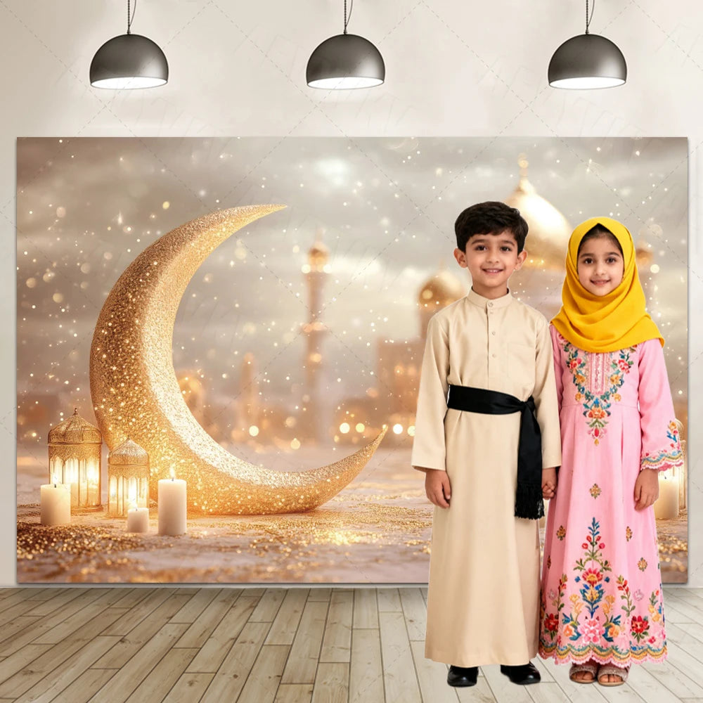 Ramadan Eid Mosque Photo Booth Backdrop Customizable Islamic Party Decoration Green Gold Banner Photography Studio Background