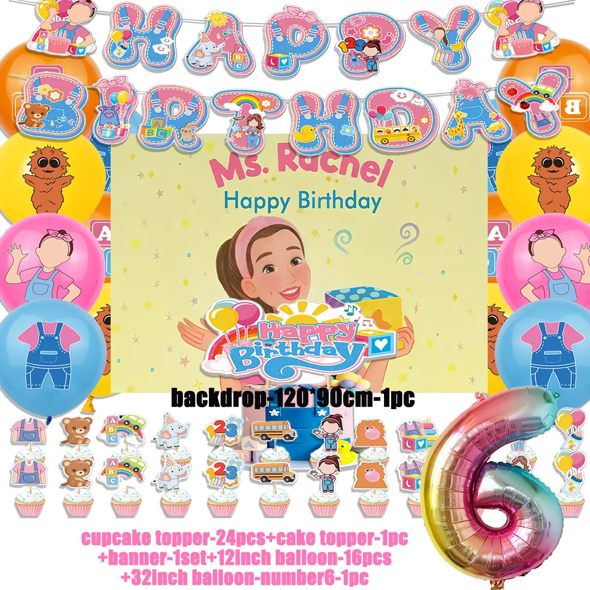 Cartoon English Teacher Theme Child Birthday Party Decor Ms&Racheled Balloon Banner Backdrops Cupcake Toppers for Kids Gifts