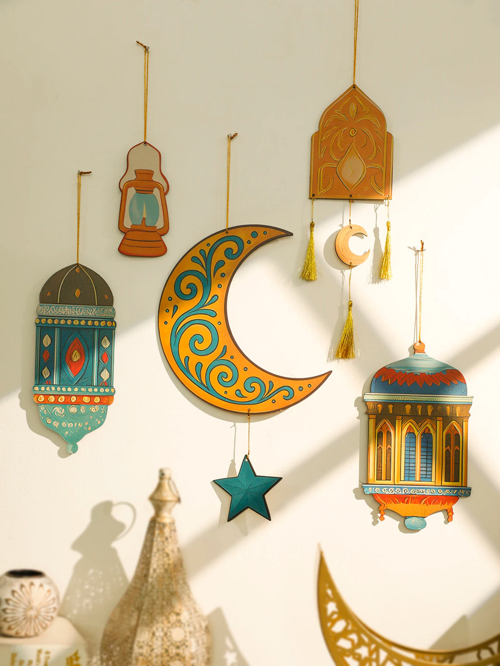 Islamic Ramadan Wall Decor Moon Star Lantern Tassel Ornament for Eid Mubarak Kareem Muslim Festival Home Hanging Decoration Gift