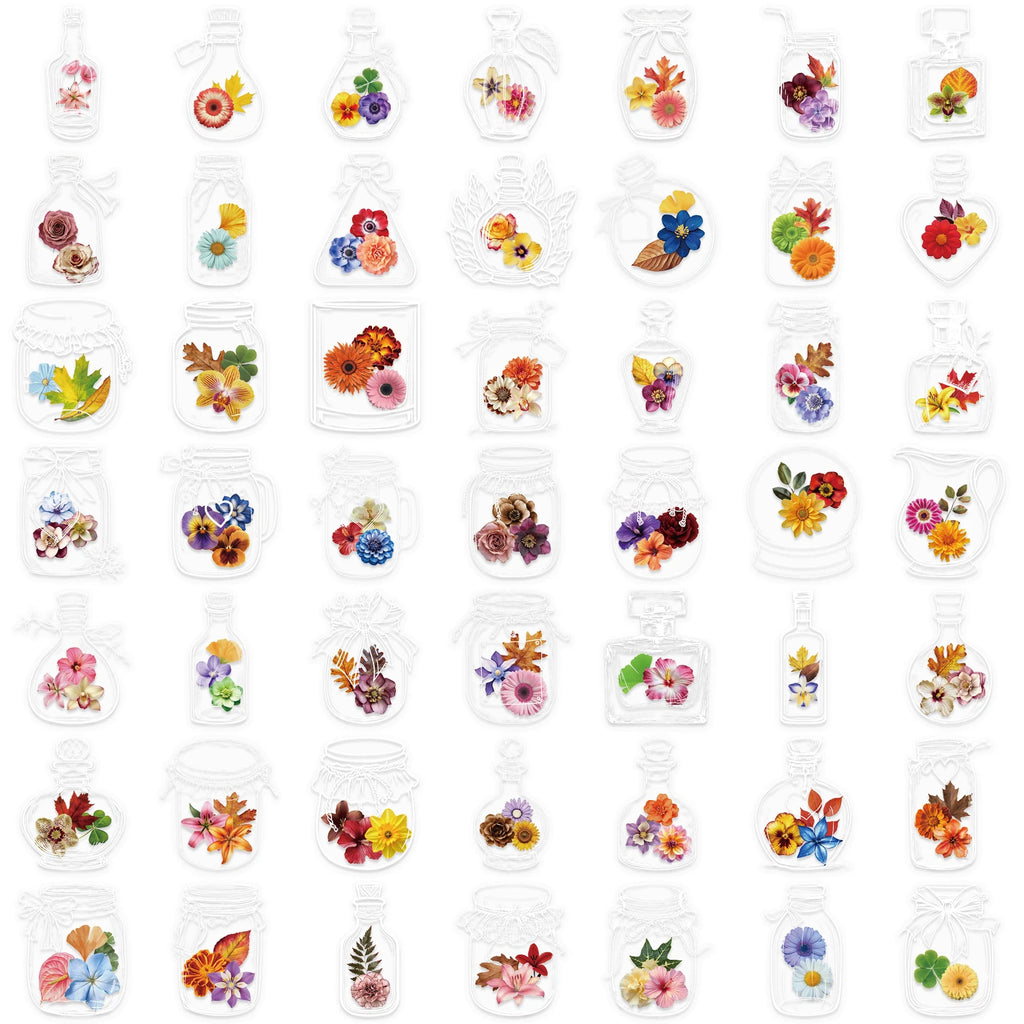 50/100PCS Glass Bottles with Dried Flower PET Sticker Waterproof Oil proof Transparent Romantic Art Colorful Flower Gift