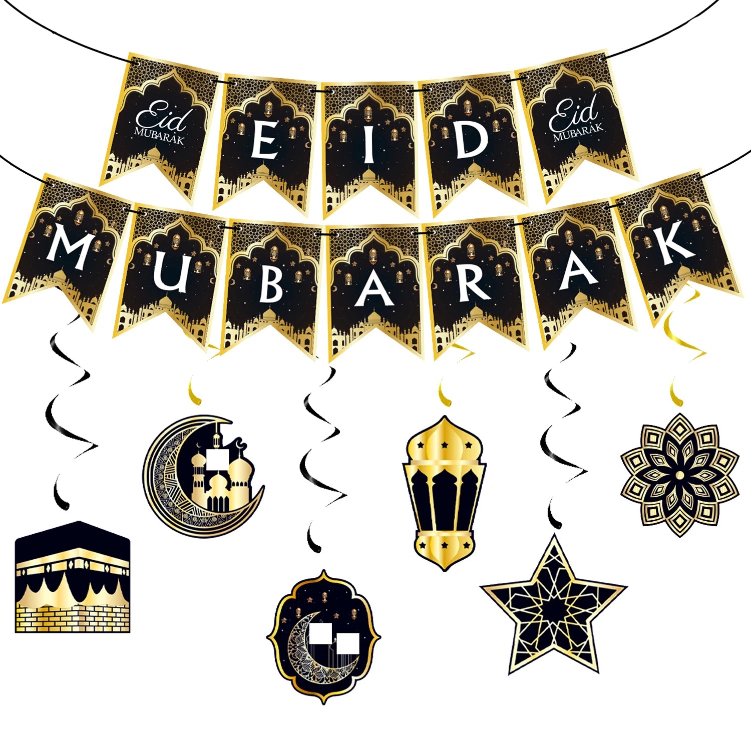 Eid Mubarak Banners Ramadan Mubarak Kareem Decorations Hanging Swirls Streamer Moon Star Party Decor lslam Muslim Party Supplies