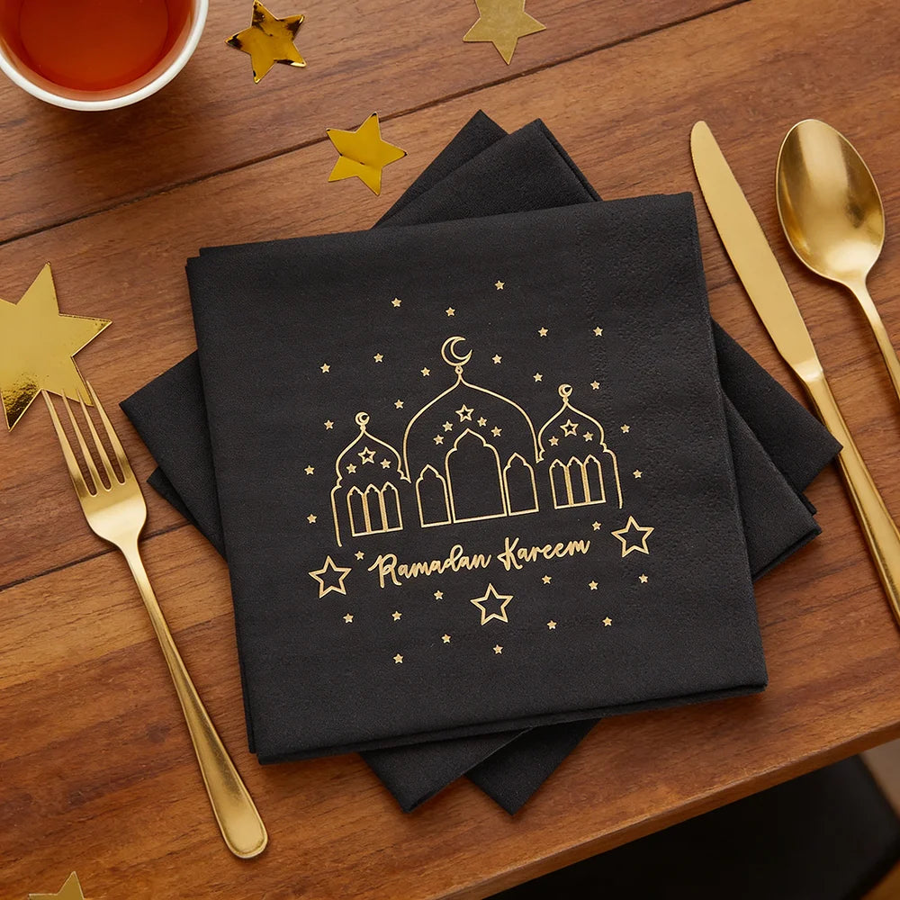 20 Sheets Ramadan Kareem Black Napkins Eid Celebration Party Table Decorations Islamic Holiday Home Accessories Muslim Supplies
