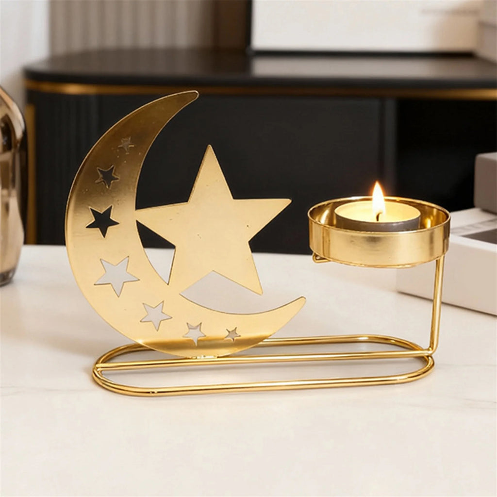 Elegant Ramadan Crescent Moon Candle Holders Set with Eid Mubarak Table Centerpiece for Home Decor and Festive Patio Display