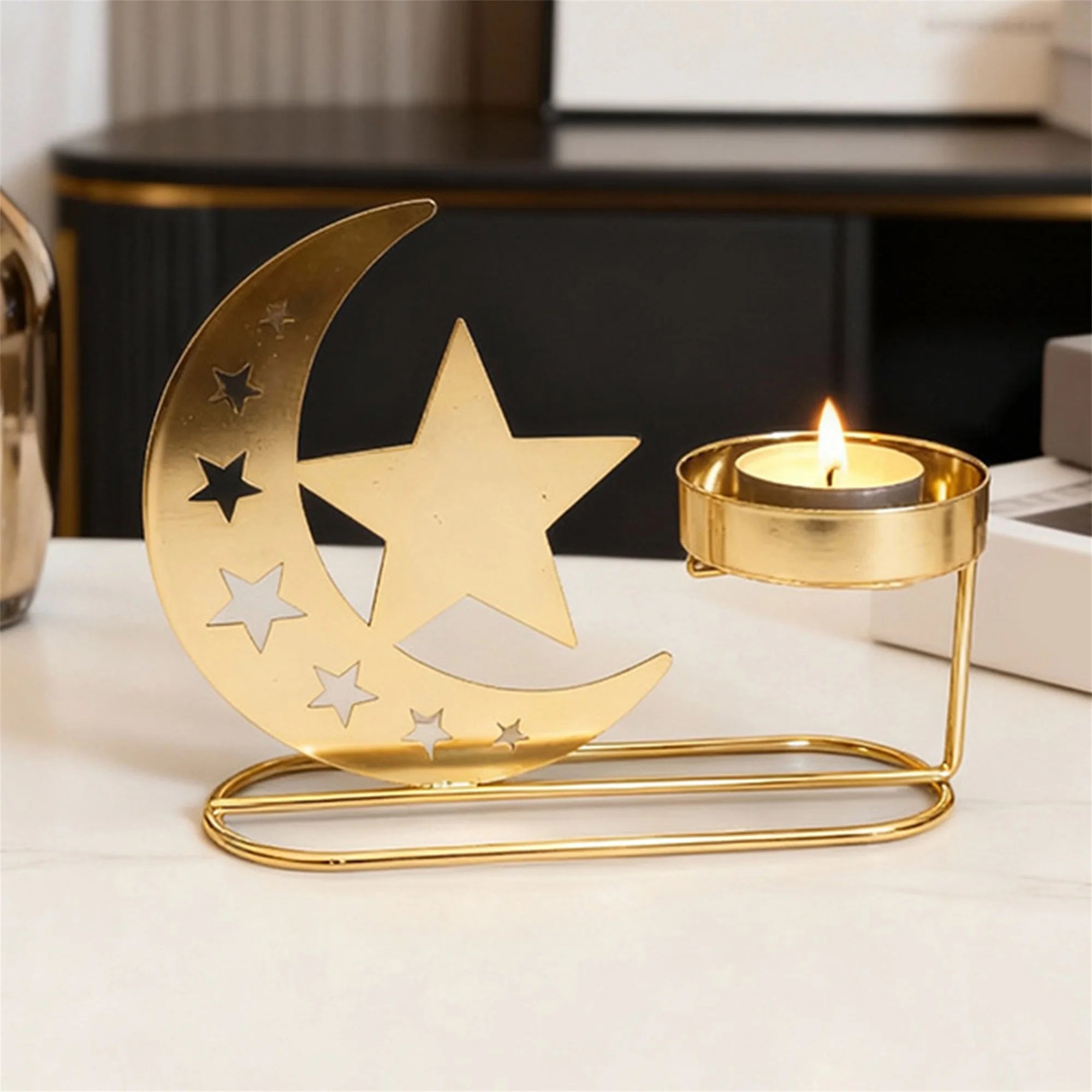 Elegant Ramadan Crescent Moon Candle Holders Set with Eid Mubarak Table Centerpiece for Home Decor and Festive Patio Display