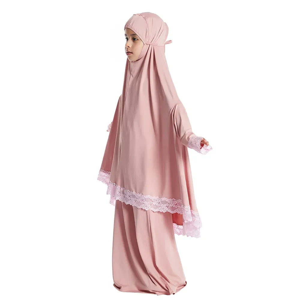 Muslim Kids Girls Hijab Dress Ramadan Khimar Skirt Set Overhead Eid Prayer Garment Burqa Abaya Robe Kaftan Hooded Gown