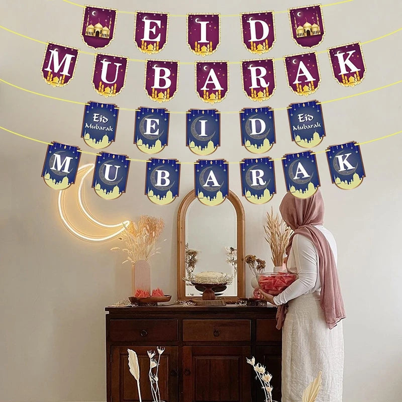 EID Mubarak Banner Ramadan Kareem Decoration 2026 Wall Hanging Flag DIY Making Ramadan Party Supplies Islamic Muslim Home Decor