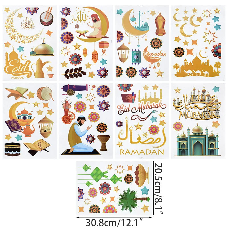 Eid Mubarak Ramadan Decorative Stickers 9pcs Islamic Patterns Self-Adhesive For Wall Window Gift Packaging Party Decor Supplies