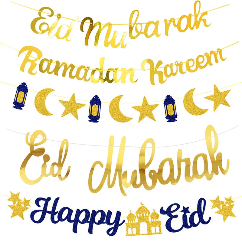 EID Mubarak Banner Glitter Star Moon Letter Paper Bunting Garland Islamic Muslim Party Ramadan Kareem Decorations for Home 2026