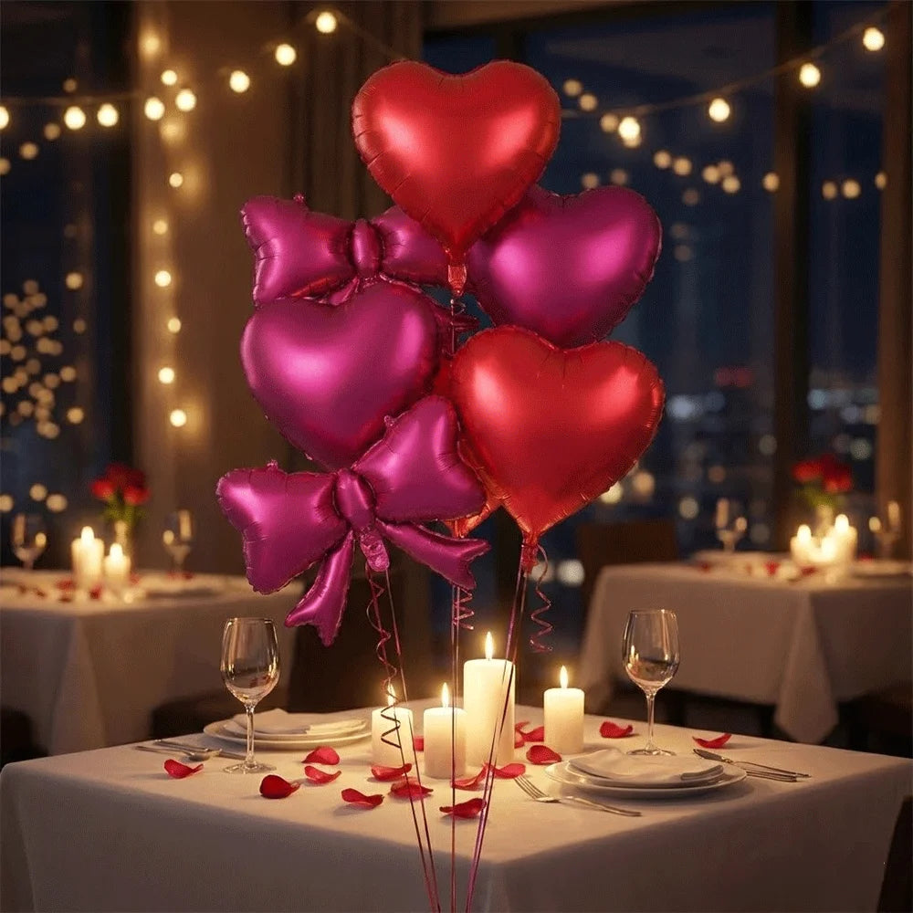 Red Heart-Shaped Balloon Metallic Burgundy Bow Balloon Set 10pcs Heart Foil Balloon Valentine's Day Wedding Birthday Party Decor