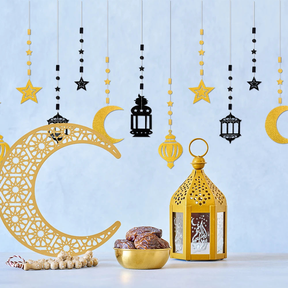 Glitter Gold Star Moon Banner Ramadan Paper Garland Hanging Decoration Ramadan Kareem Eid-al-fitr Islamic Eid Mubarak Decoration