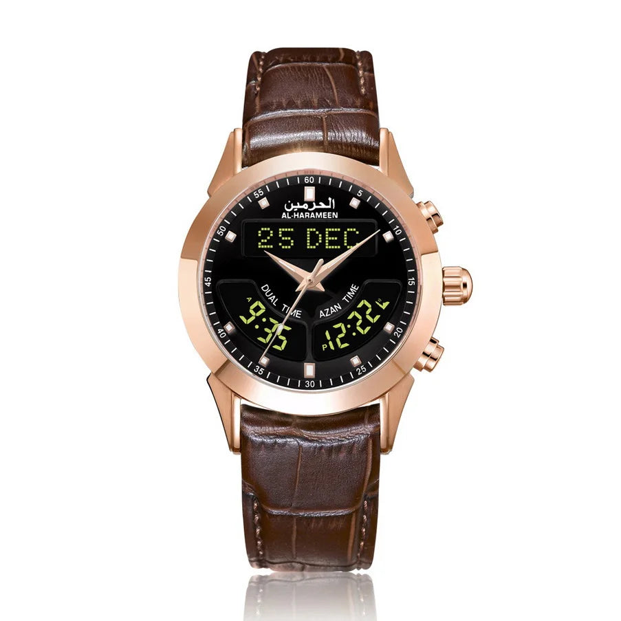 Muslim Watch with Alfajr Azan Time Iqamah Alarm for All Prayers English Arabic Language Saphire Genuine Leather Ramadan Gift