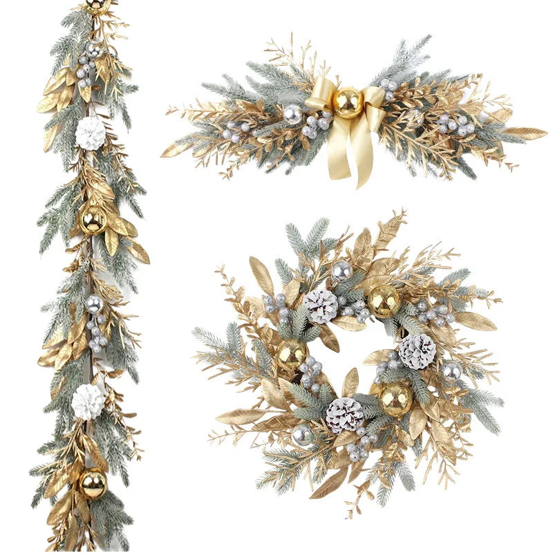 Christmas Wreath For Front Door Artificial Golden Flower Garland Pinecone Rattan Set Hanging Outdoor Christmas Decoration 2024